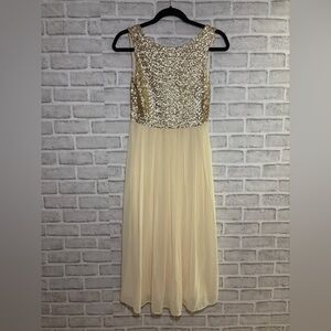 TFNC Gold Sequin & Cream Chiffon Maxi Dress –Small – Elegant Formal Evening Gown